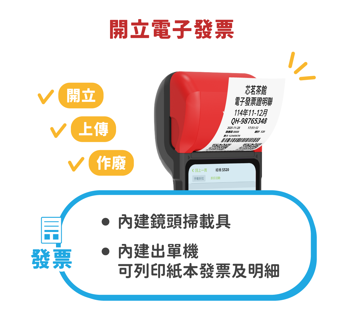 開立電子發票功能，內建鏡頭掃載具、列印紙本都OK